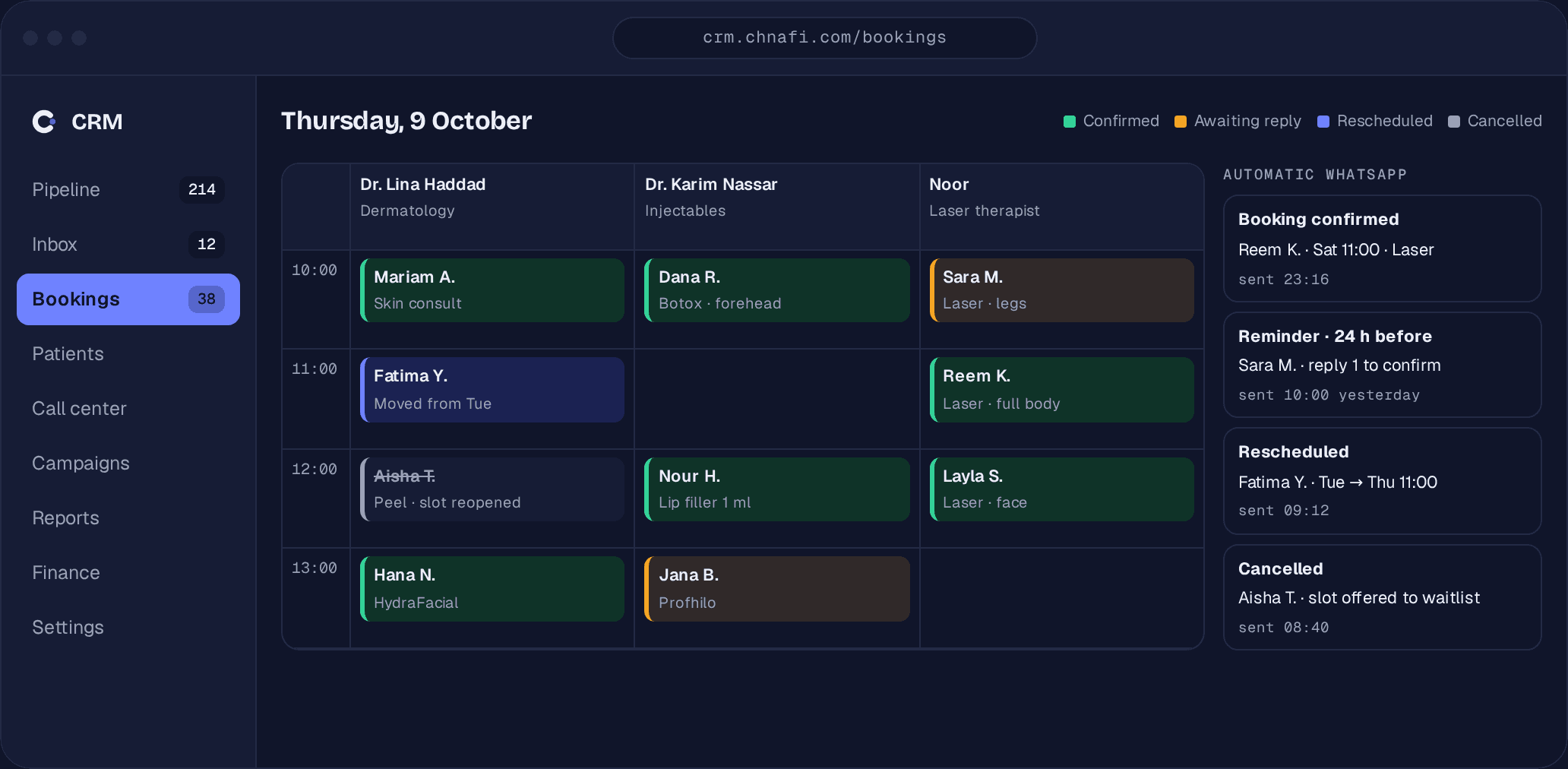 Chnafi CRM — Termine & WhatsApp-Automatisierung
