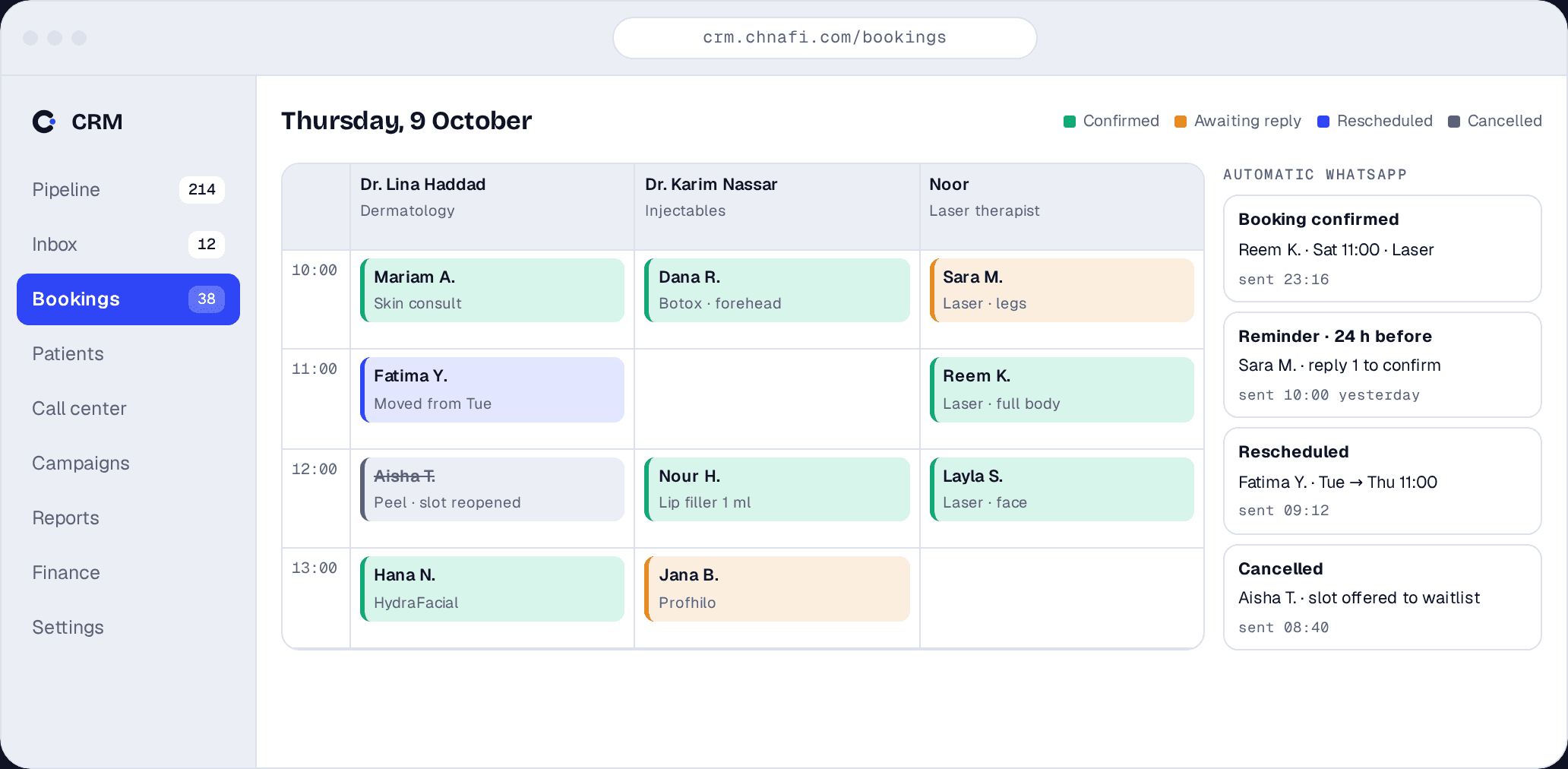 Chnafi CRM — Termine & WhatsApp-Automatisierung