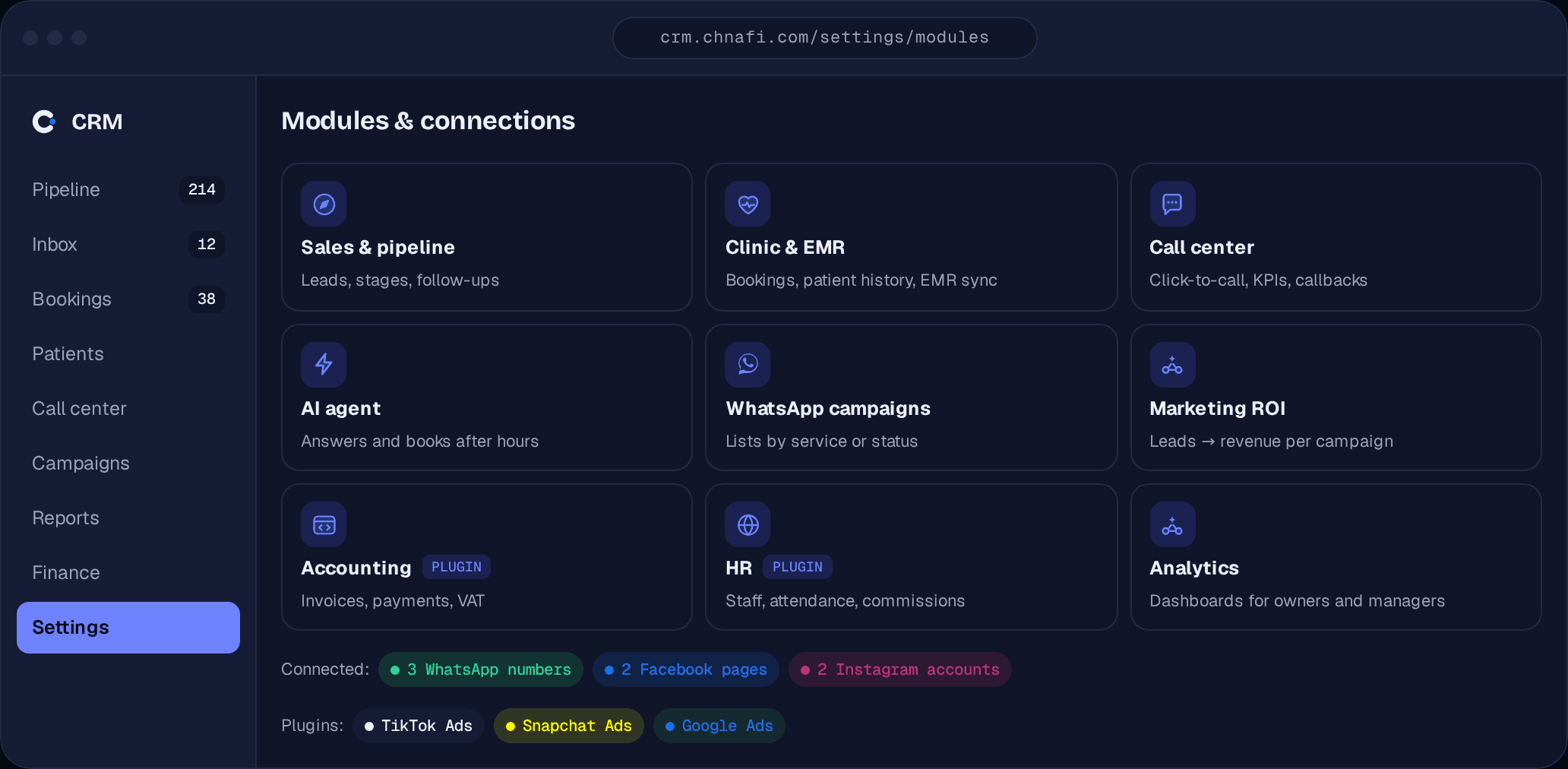Chnafi CRM — Module & Plugins