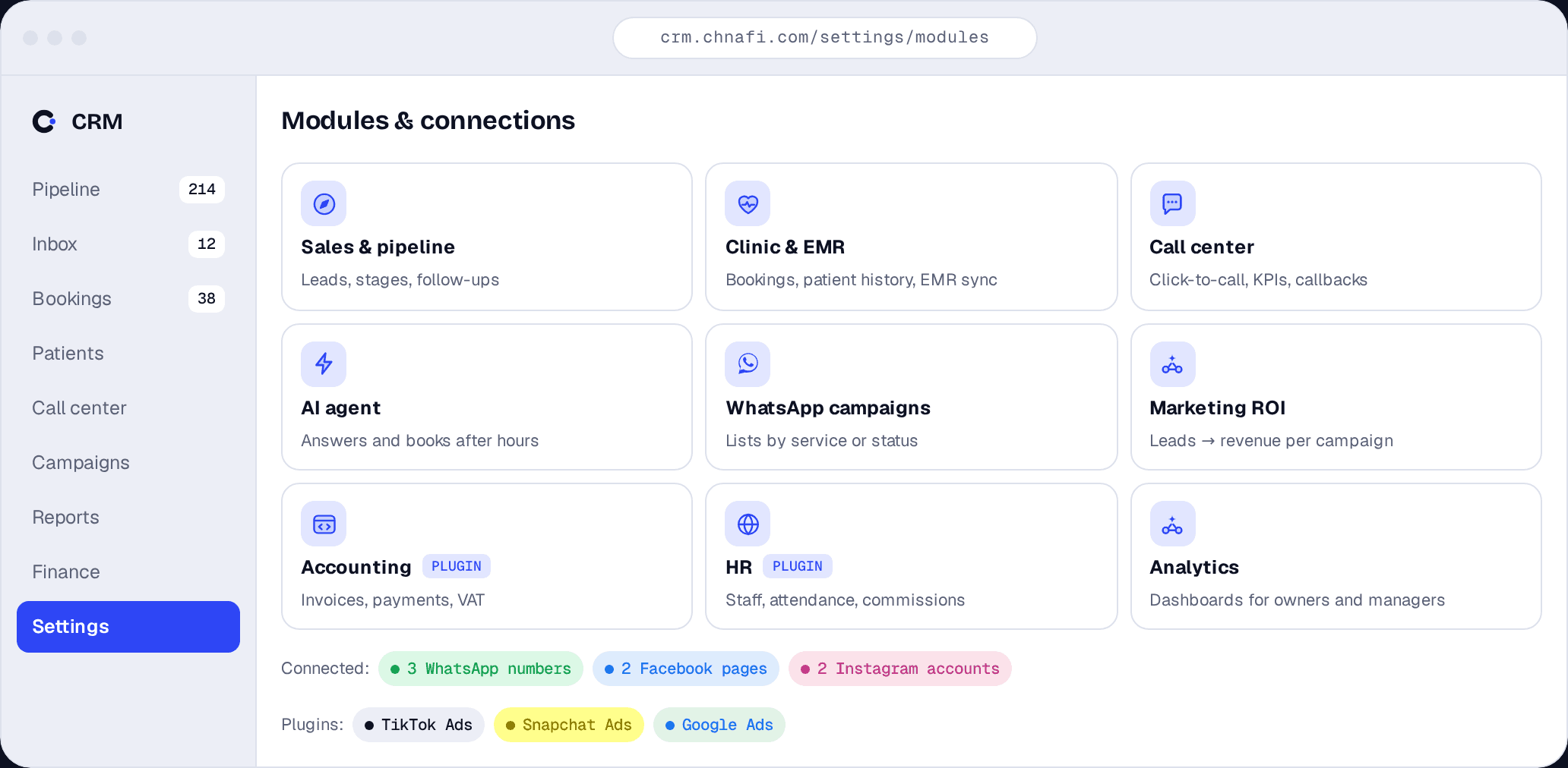 Chnafi CRM — Module & Plugins